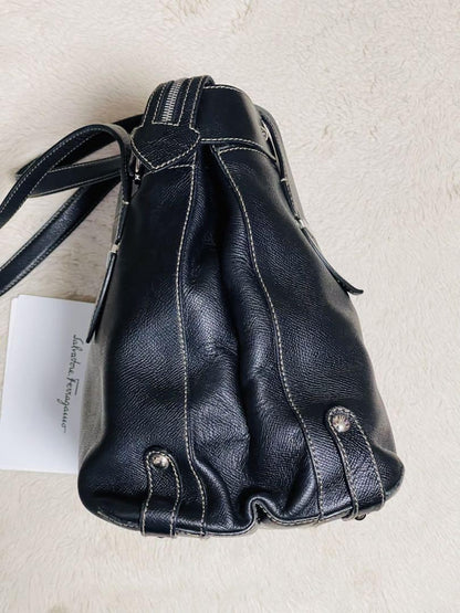 Salvatore Ferragamo Hand Bag Tote Purse Gancini Leather Black Authentic