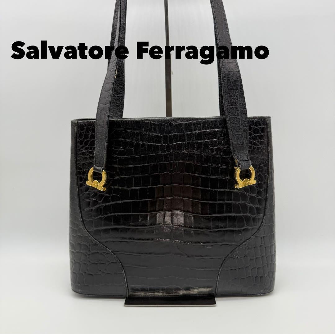 Salvatore Ferragamo Hand Bag Tote Purse Gancini Leather Black Authentic