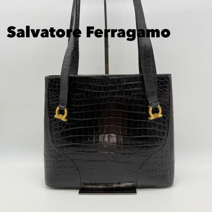 Salvatore Ferragamo Hand Bag Tote Purse Gancini Leather Black Authentic