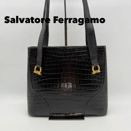 Salvatore Ferragamo Hand Bag Tote Purse Gancini Leather Black Authentic