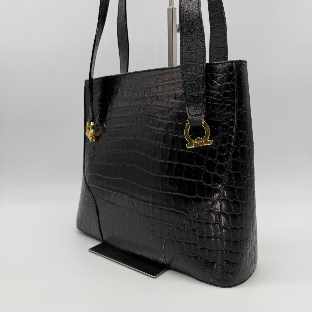 Salvatore Ferragamo Hand Bag Tote Purse Gancini Leather Black Authentic