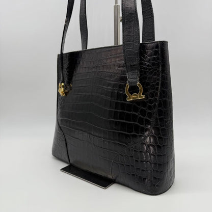Salvatore Ferragamo Hand Bag Tote Purse Gancini Leather Black Authentic