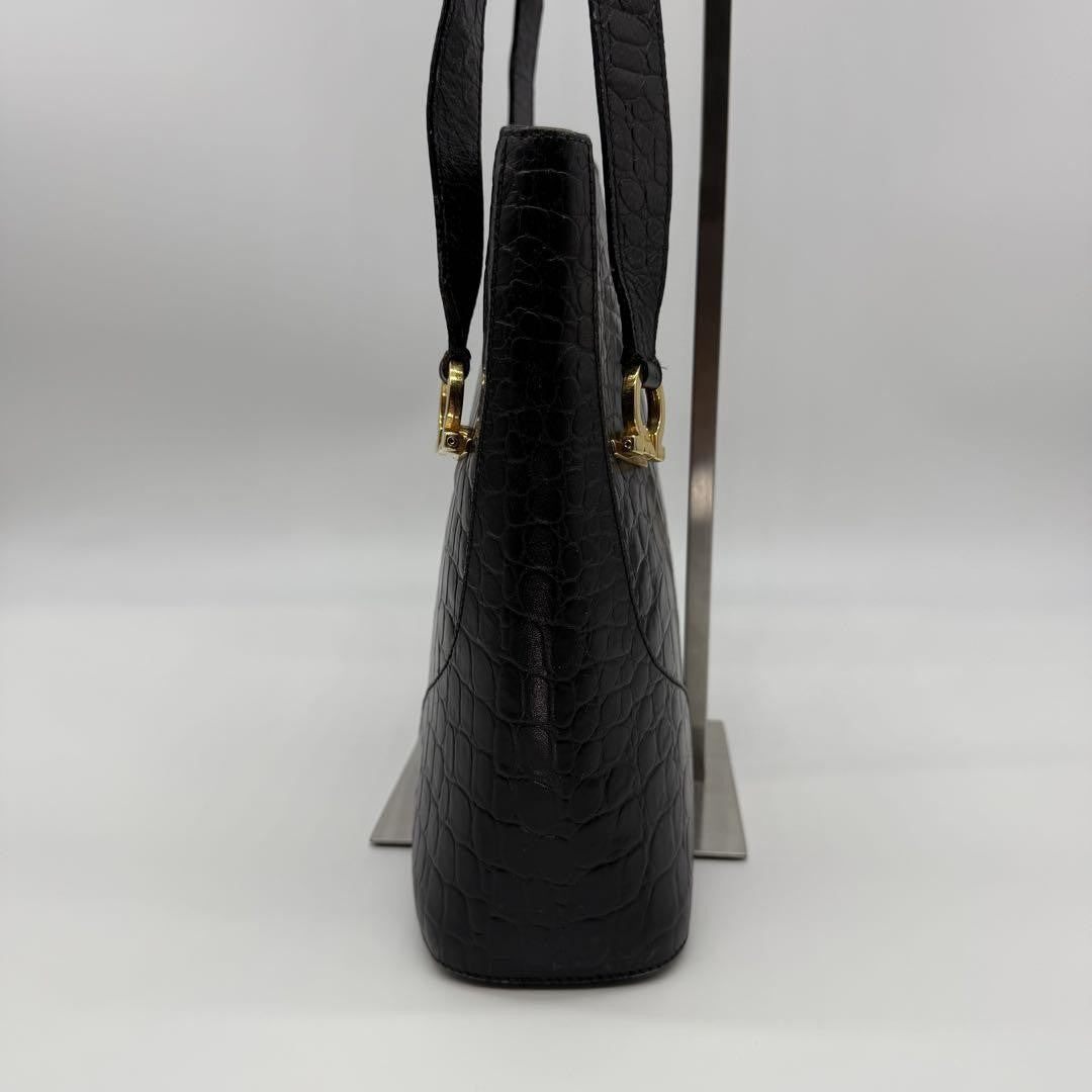 Salvatore Ferragamo Hand Bag Tote Purse Gancini Leather Black Authentic