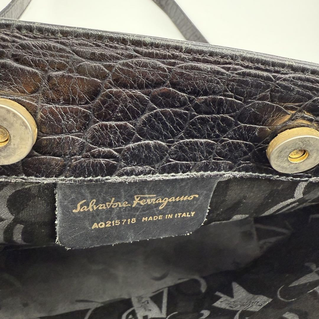 Salvatore Ferragamo Hand Bag Tote Purse Gancini Leather Black Authentic