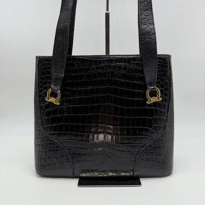 Salvatore Ferragamo Hand Bag Tote Purse Gancini Leather Black Authentic