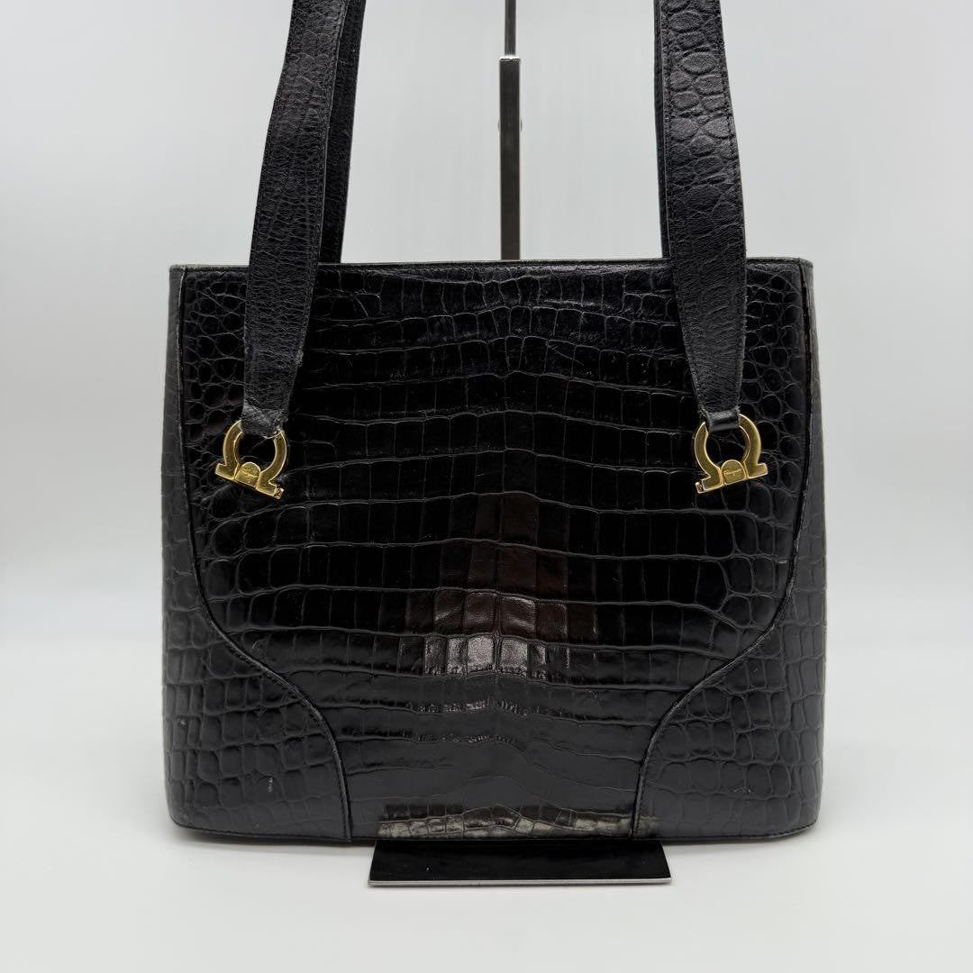 Salvatore Ferragamo Hand Bag Tote Purse Gancini Leather Black Authentic