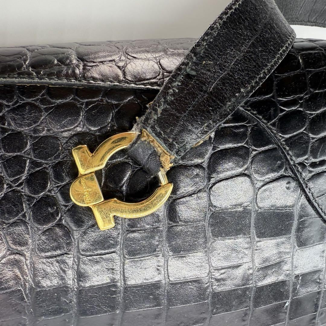 Salvatore Ferragamo Hand Bag Tote Purse Gancini Leather Black Authentic
