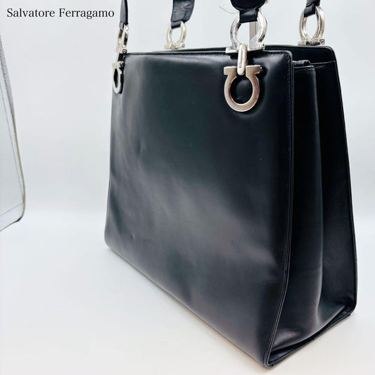 Salvatore Ferragamo Hand Bag Tote Purse Gancini Leather Black Authentic
