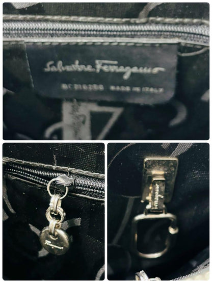 Salvatore Ferragamo Hand Bag Tote Purse Gancini Leather Black Authentic