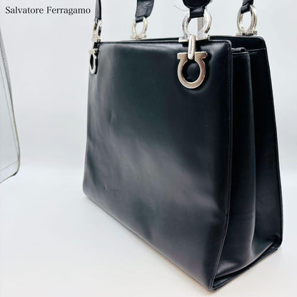 Salvatore Ferragamo Hand Bag Tote Purse Gancini Leather Black Authentic