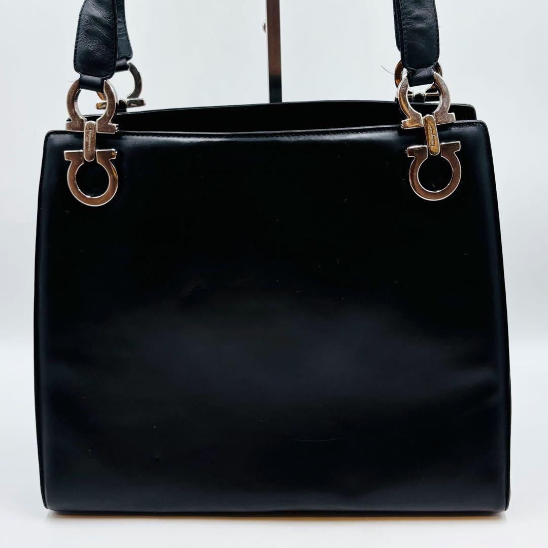 Salvatore Ferragamo Hand Bag Tote Purse Gancini Leather Black Authentic