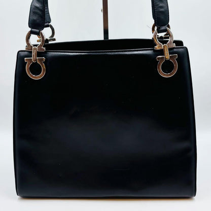 Salvatore Ferragamo Hand Bag Tote Purse Gancini Leather Black Authentic