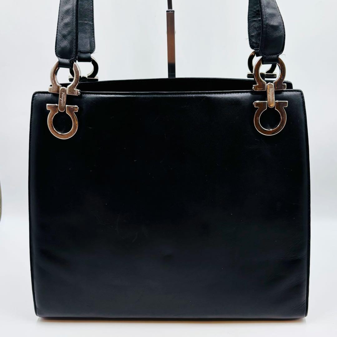 Salvatore Ferragamo Hand Bag Tote Purse Gancini Leather Black Authentic