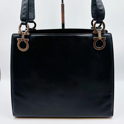 Salvatore Ferragamo Hand Bag Tote Purse Gancini Leather Black Authentic