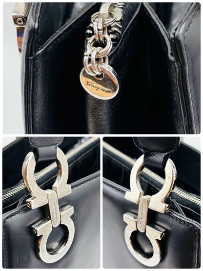 Salvatore Ferragamo Hand Bag Tote Purse Gancini Leather Black Authentic