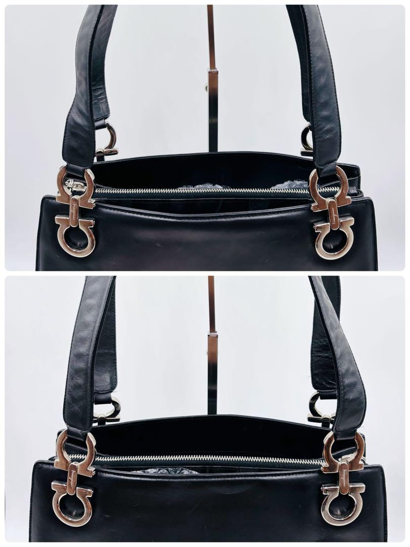 Salvatore Ferragamo Hand Bag Tote Purse Gancini Leather Black Authentic
