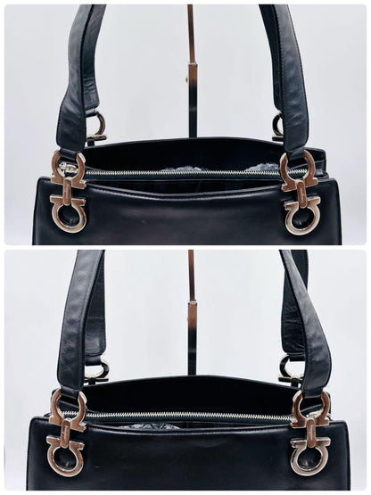 Salvatore Ferragamo Hand Bag Tote Purse Gancini Leather Black Authentic