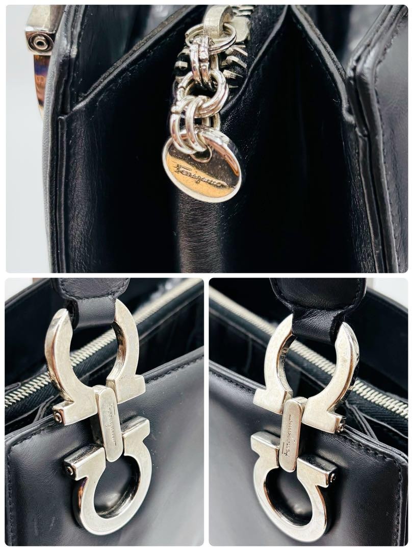 Salvatore Ferragamo Hand Bag Tote Purse Gancini Leather Black Authentic