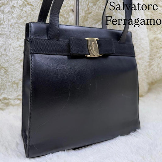 Salvatore Ferragamo Hand Bag Tote Purse Vara Leather Black Authentic