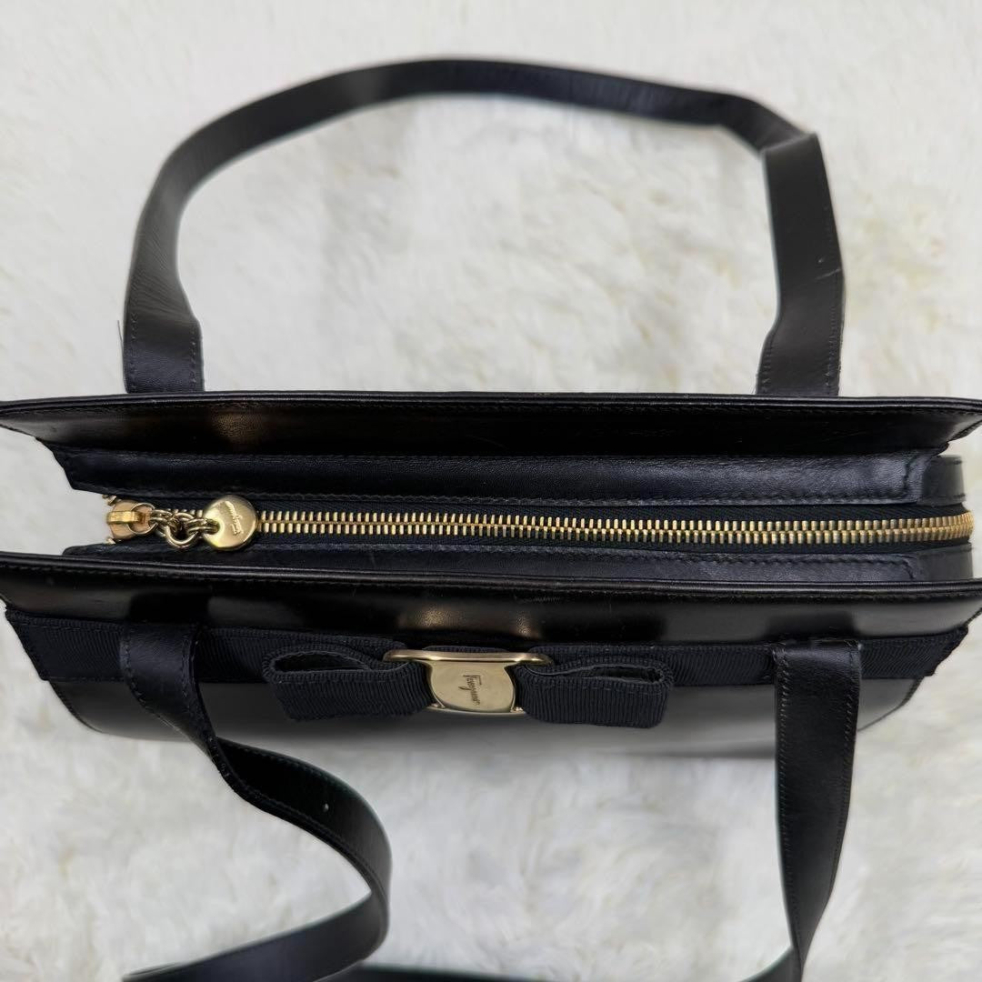 Salvatore Ferragamo Hand Bag Tote Purse Vara Leather Black Authentic