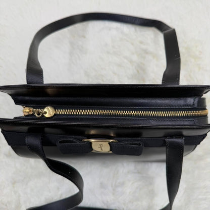 Salvatore Ferragamo Hand Bag Tote Purse Vara Leather Black Authentic