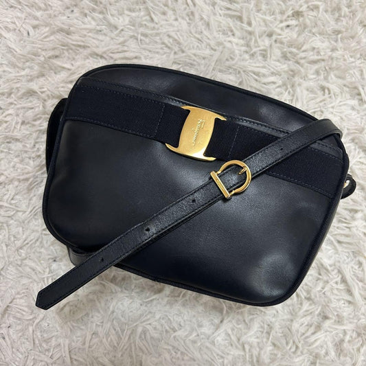 Salvatore Ferragamo Shoulder Camera Bag Purse Vara Ribbon Black Navy Authentic