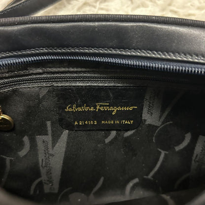 Salvatore Ferragamo Shoulder Camera Bag Purse Vara Ribbon Black Navy Authentic