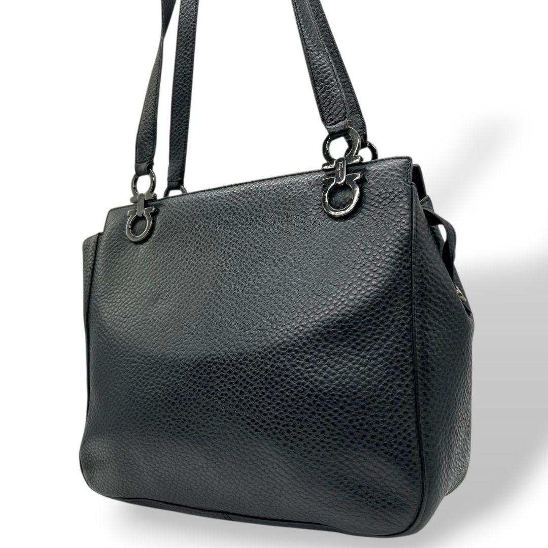 Salvatore Ferragamo Hand Bag Tote Purse Gancini Leather Black Authentic