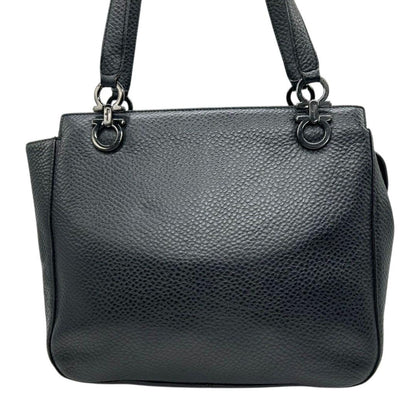 Salvatore Ferragamo Hand Bag Tote Purse Gancini Leather Black Authentic