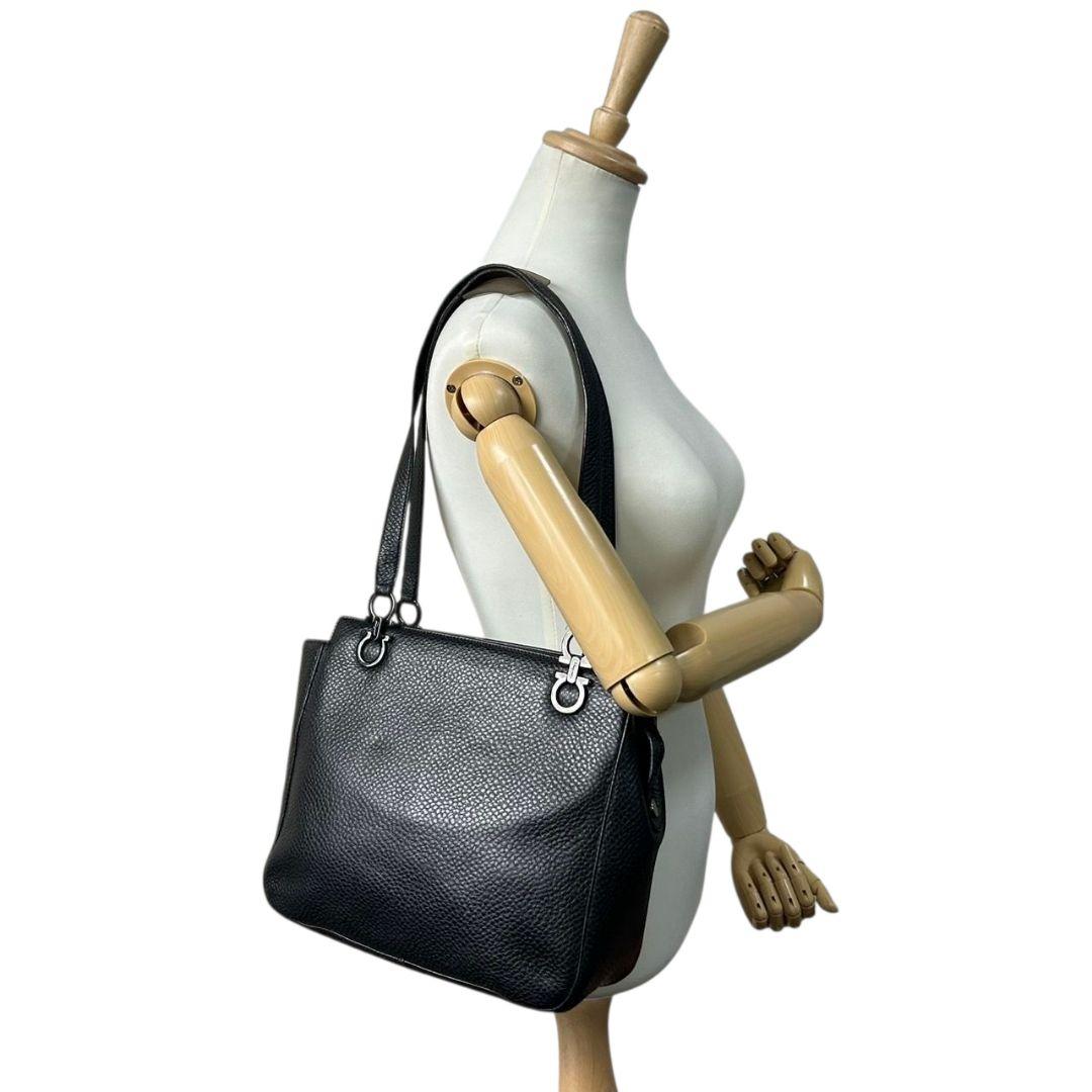 Salvatore Ferragamo Hand Bag Tote Purse Gancini Leather Black Authentic