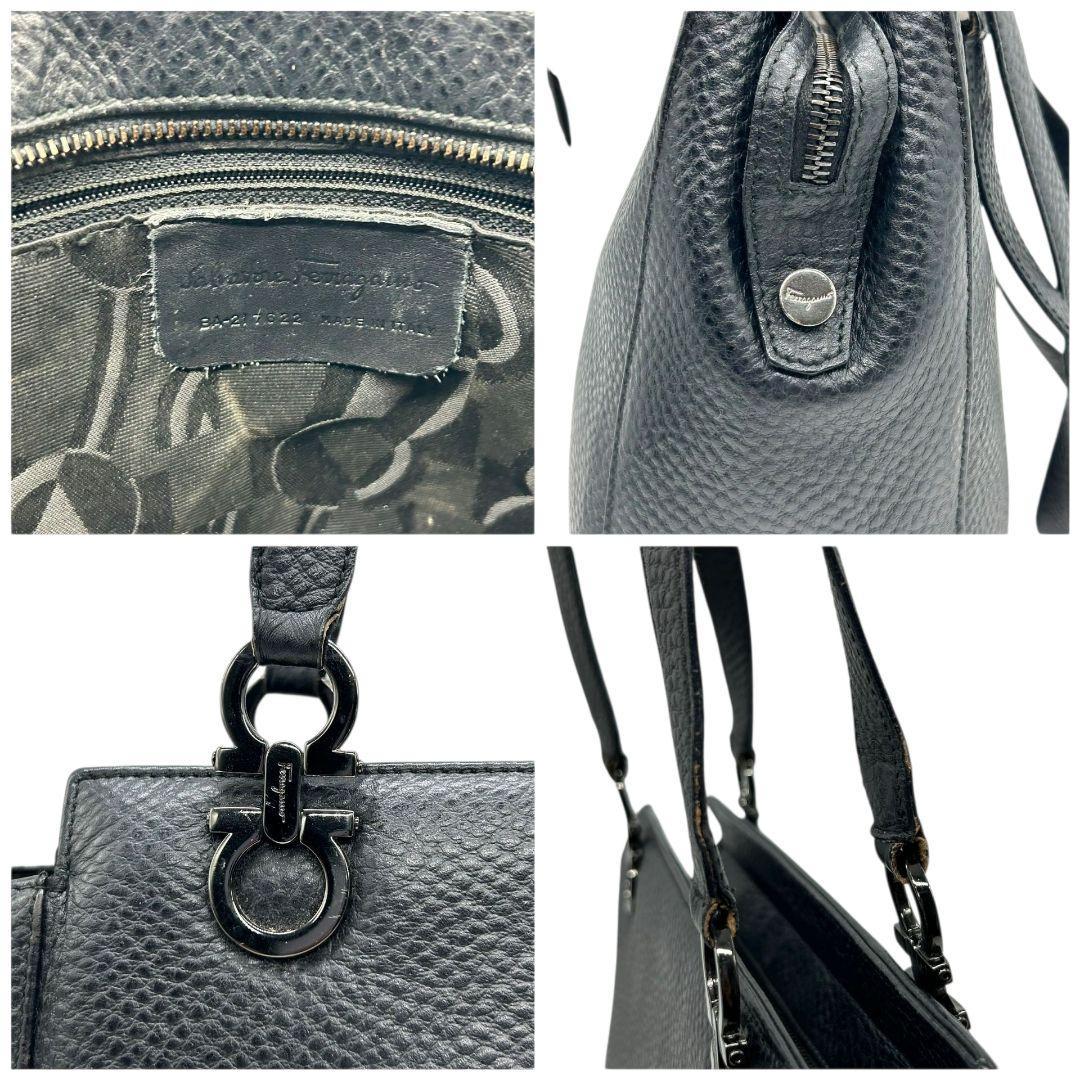 Salvatore Ferragamo Hand Bag Tote Purse Gancini Leather Black Authentic