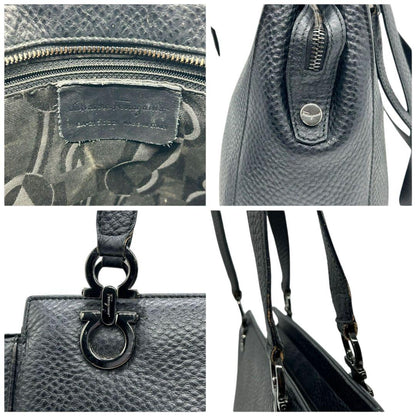 Salvatore Ferragamo Hand Bag Tote Purse Gancini Leather Black Authentic