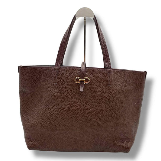 Salvatore Ferragamo Hand Bag Tote Purse Gancini Leather Brown Authentic