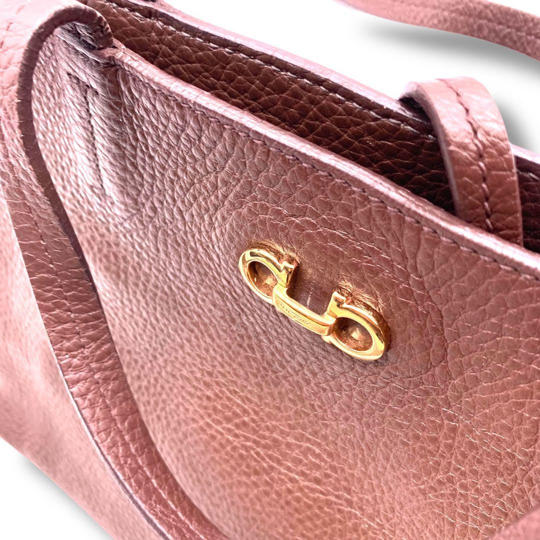 Salvatore Ferragamo Hand Bag Tote Purse Gancini Leather Brown Authentic