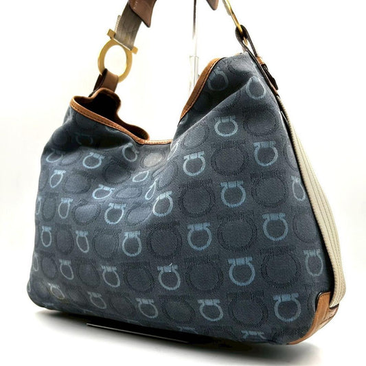Salvatore Ferragamo Shoulder Bag Purse Gancini Canvas Leather Blue Authentic