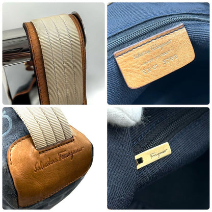 Salvatore Ferragamo Shoulder Bag Purse Gancini Canvas Leather Blue Authentic