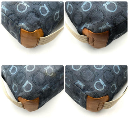 Salvatore Ferragamo Shoulder Bag Purse Gancini Canvas Leather Blue Authentic
