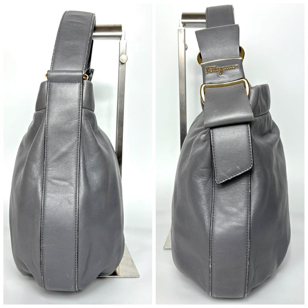 Salvatore Ferragamo Shoulder Bag Purse Vara Leather Gray Authentic