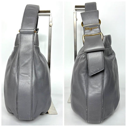 Salvatore Ferragamo Shoulder Bag Purse Vara Leather Gray Authentic