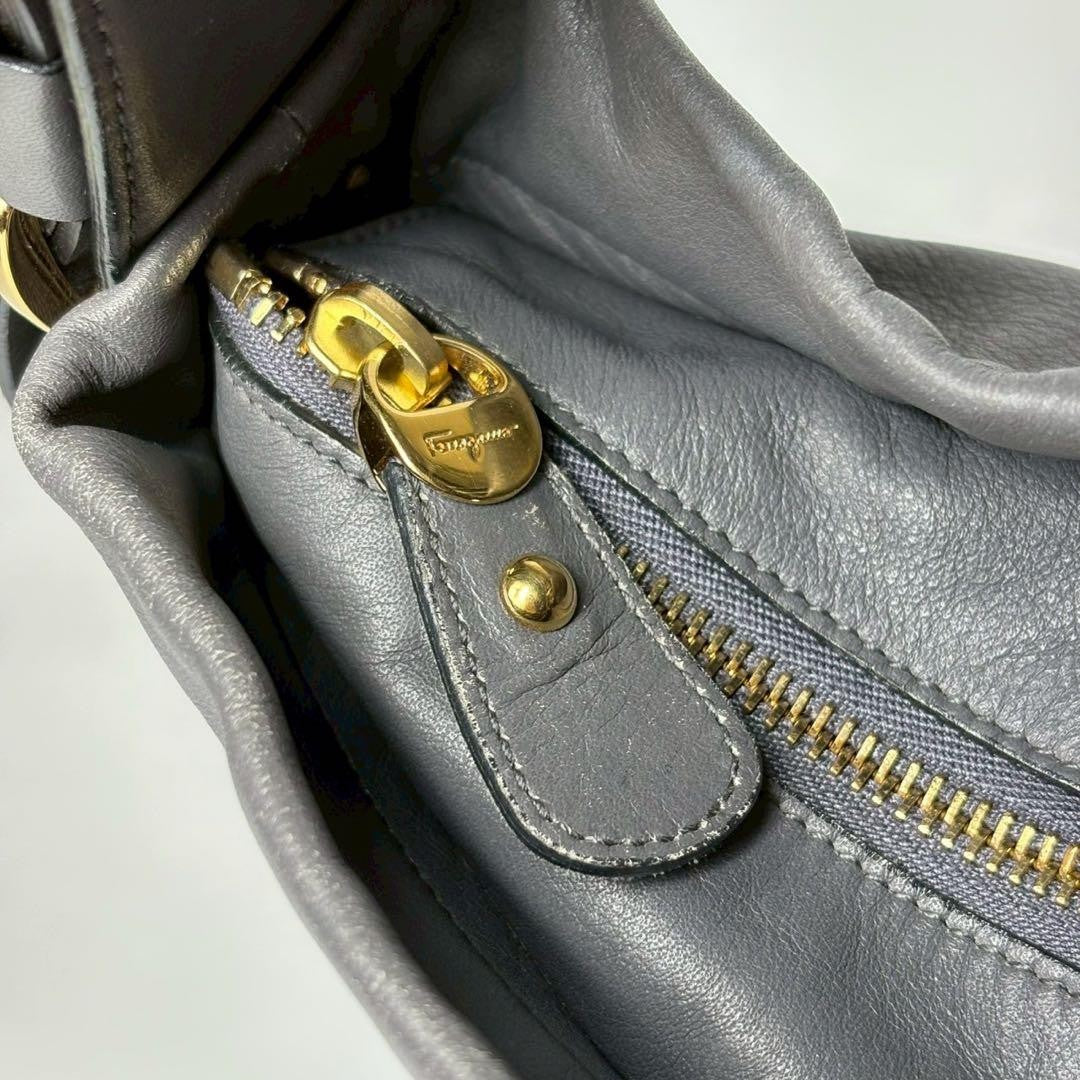 Salvatore Ferragamo Shoulder Bag Purse Vara Leather Gray Authentic