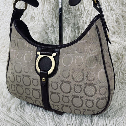 Salvatore Ferragamo Shoulder Bag Purse Gancini Canvas Leather Beige Brown Auth