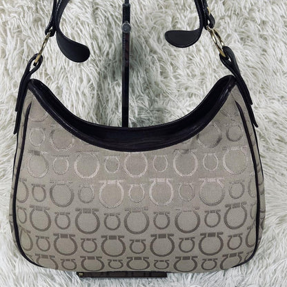 Salvatore Ferragamo Shoulder Bag Purse Gancini Canvas Leather Beige Brown Auth