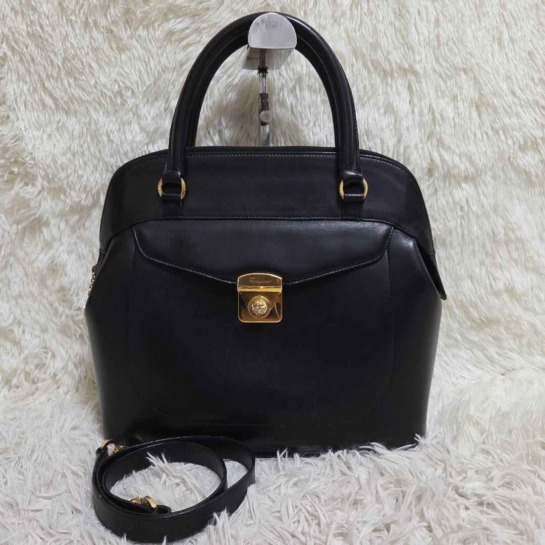 Salvatore Ferragamo Hand Shoulder Bag Tote Purse 2way Leather Black Authentic