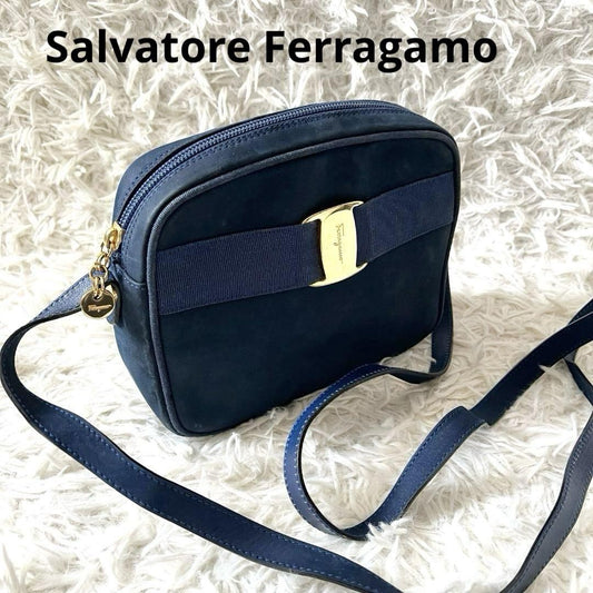 Salvatore Ferragamo Shoulder Bag Purse Vara Navy Authentic