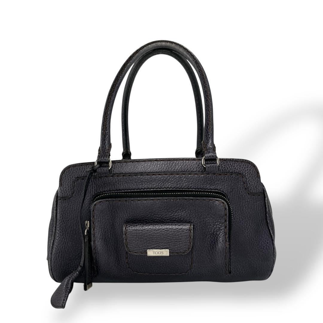 TOD'S Hand Bag Tote Purse Mini Boston Leather Navy Authentic