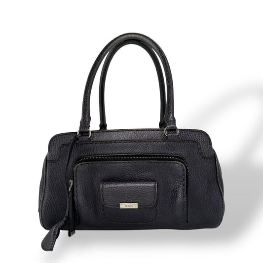 TOD'S Hand Bag Tote Purse Mini Boston Leather Navy Authentic
