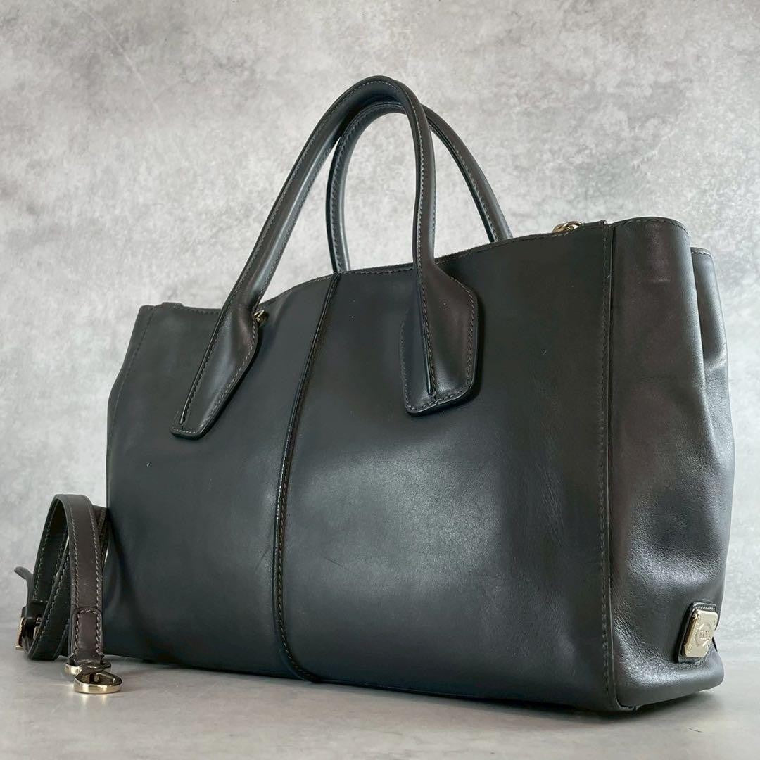 TOD'S Hand Shoulder Bag Tote Purse 2way D Cube D Bag Leather Dark Gray Authentic