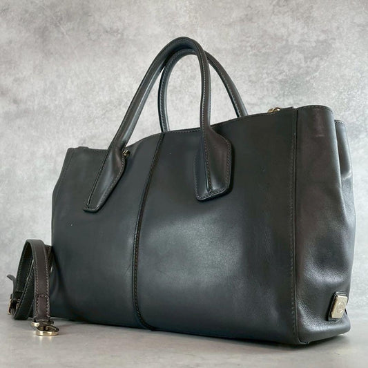 TOD'S Hand Shoulder Bag Tote Purse 2way D Cube D Bag Leather Dark Gray Authentic