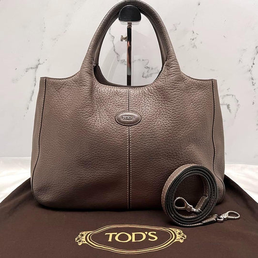TOD'S Hand Shoulder Bag Tote Purse 2way ALH Leather Mocha Brown Authentic