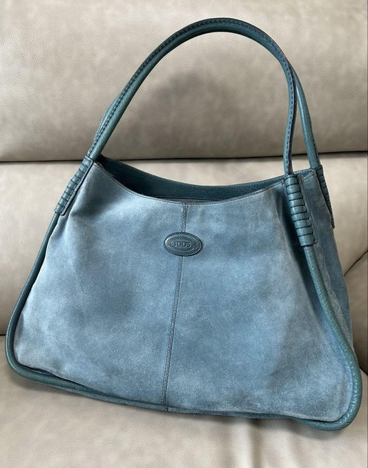 TOD'S Hand Bag Tote Purse Logo Suede Blue Green Authentic